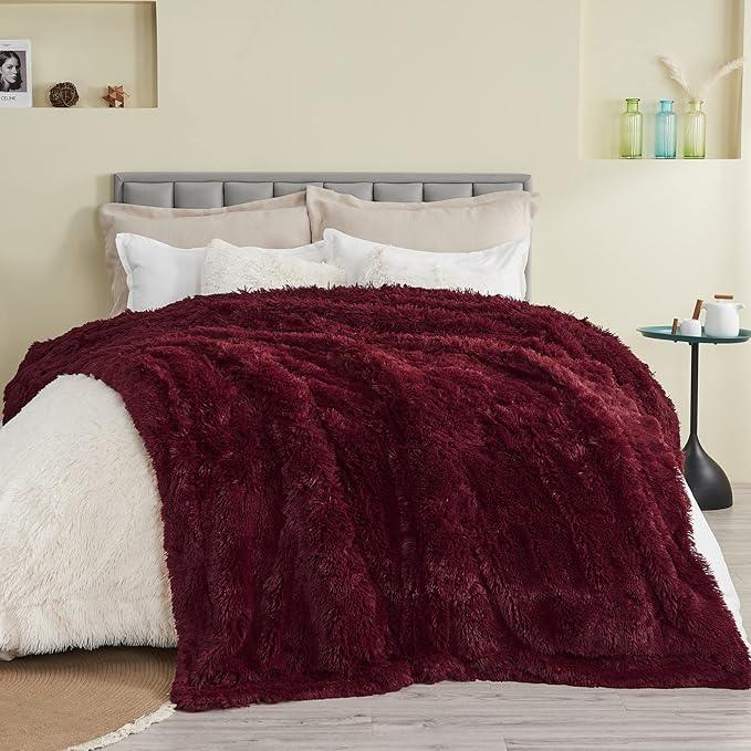 GONAAP Fuzzy Faux Fur Throw Blanket Twin Size Wine Red Super Soft Cozy Plush Fuzzy Shaggy Blanket for Couch Sofa Bed (Wine Red, Twin(60