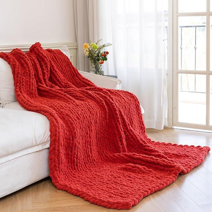Chunky Knit Blanket - Luxury Soft Cozy 60 * 80 Throw Blanket,100% Woven Blanket Rope Knot Throw Blanket for Couch, Sofa, Home Decor, Gift - Machine Washable（Wine red）