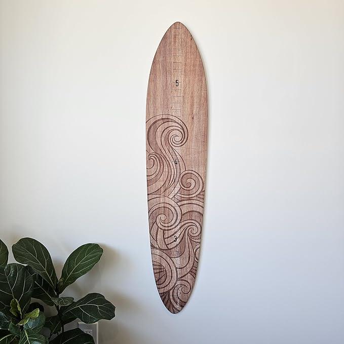 Wooden Surfboard Wall Decor Growth Chart - Surfboard Art Decor for Kids Room, Wood Surfboard Kids Sizing Chart, Surf Boards Art, Height Board Surfer Decor - Brown Wave (9.5