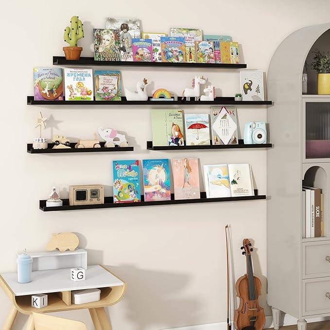Fun Memories Picture Ledge Shelves Set of 2, 36 Inch Rustic Wall Mounted Floating Shelves with Lip for Home Storage and Décor in Bathroom, Kitchen, Nursery, Bedroom, Living Room, Black
