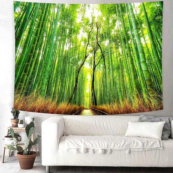 Delur Forest Pathway Tapestry Sunset Tropical Rainforest Nature Tree Tapestry Wall Hanging Sunrise Scenic Natural Green Landscape Headboard for Bedroom Living Room Home Decor (70.8
