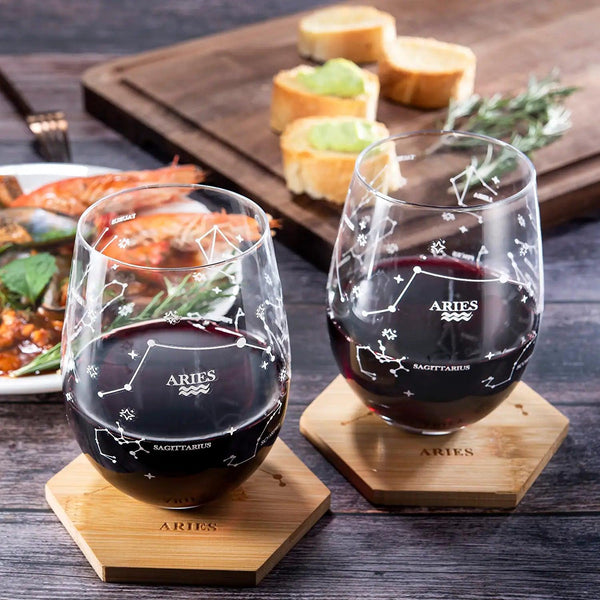 Set of 2 Zodiac Sign Wine Glasses with 2 Wooden Coasters by The Wine Savant - Astrology Drinking Glass Set with Etched Constellation Tumblers for Juice, Water Home Bar Horoscope Gifts 18oz (Aries)