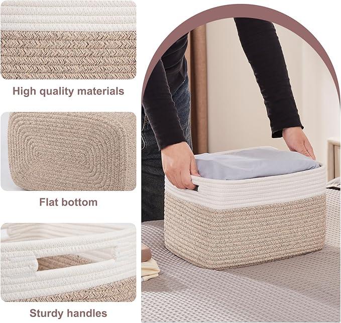 OIAHOMY 4 Pack Storage Baskets for Organizing, Basket for Shelves with Handle, Woven Baskets for Storage Toys, Towels, Books, Cotton Rope Basket 13
