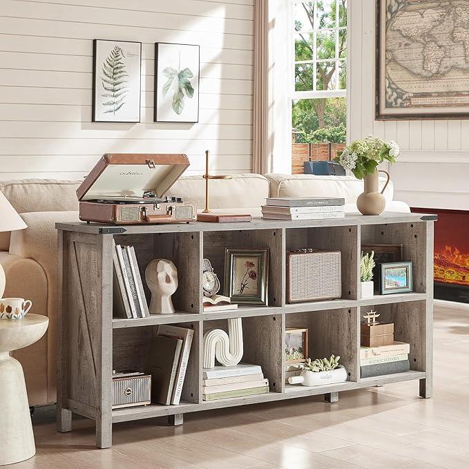8 Cube Book Shelf, Farmhouse Wood Long Storage Organizer Bookcase, 62