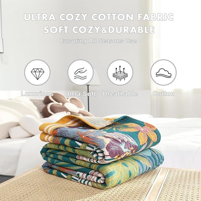 MSGKV Boho Throw Blanket for Couch and Sofa Cotton Blankets for Living Room Bedroom Reversable Florals Throw 60