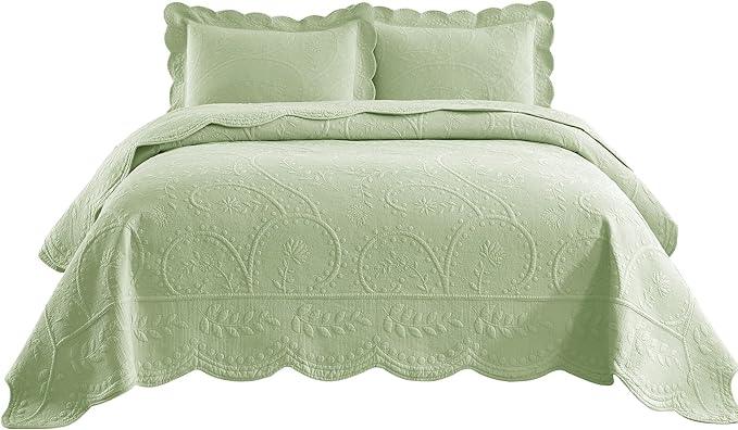 MarCielo 3-Piece 100% Cotton Oversized Bedspread Lightweight Quilt Coverlet Embroidery Farmhouse Bedding Set (TX Pale Green, Oversized King (118
