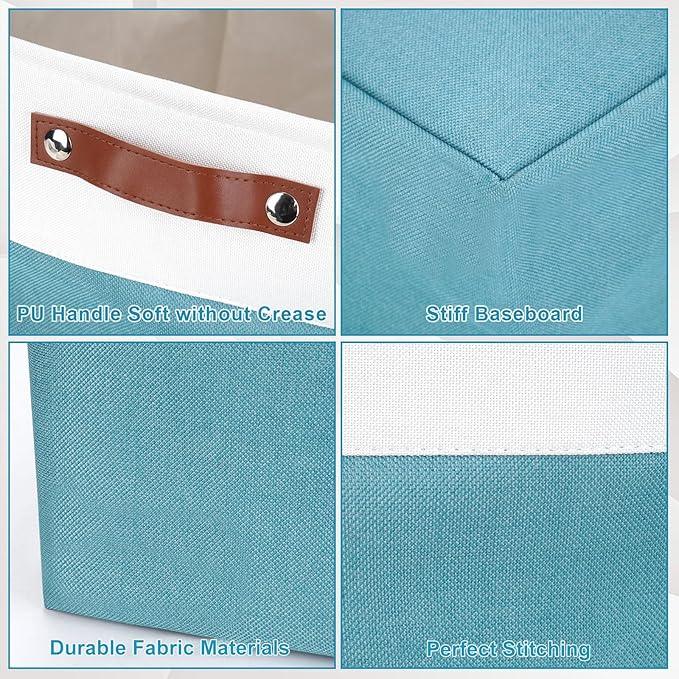 Storage Bins Large Fabric Storage Baskets for Shelves 3 Pack, Decorative Linen Closet Baskets with Handles for Organizing, Shelf, Clothes, Home, Office, 15x11x9.5Inches (Teal&White)