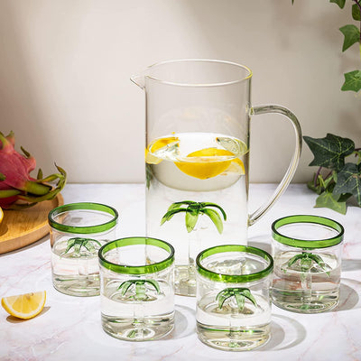 Palm Tree Pitcher & 4 Glasses Set Decanter with 4 Glasses 9oz by The Wine Savant - Elegant Glass Set, Great for Water Iced Tea, Sangria, Lemonade, and More! 1300ml 9