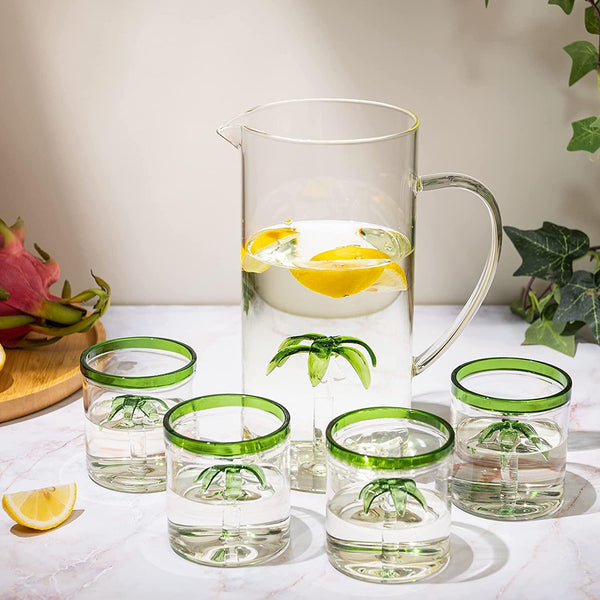 Palm Tree Pitcher & 4 Glasses Set Decanter with 4 Glasses 9oz by The Wine Savant - Elegant Glass Set, Great for Water Iced Tea, Sangria, Lemonade, and More! 1300ml 9