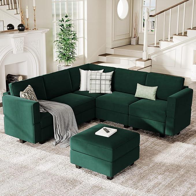 Belffin Modular Sectional Sofa with Storage Seats Velvet L Shaped Corner Couch Convertible Sectional Sofa with Chaise (Green, L Shape-1)…
