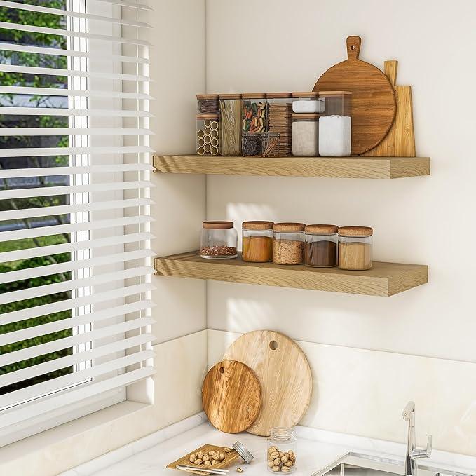RICHFOCUS 36Inch Floating Shelves for Wall 2 Pack Shelves for Bedroom|Kitchen|Bathroom Wall Mounted Rustic Wood Floating Shelf with Invisible Brackets for Books|Storage|Decor, Oak
