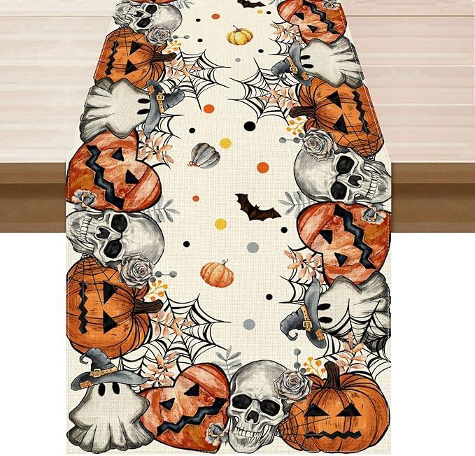 XCHI Spooky Skeleton Ghost Pumpkin Halloween Table Runner Party Table Decoration for Home Kitchen Dining Holiday Decor 13x90 Inch