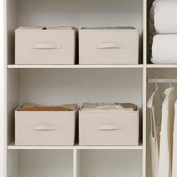Linen Folding Storage Bins, 3 Pack Large Storage Baskets, Washable, Clothing Storage Bins with Handle, Closet Organizer for Storage Sweater,Sheets(Beige, 18½