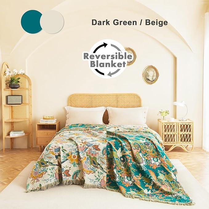 MSGKV Boho Throw Blanket for Bed Twin Size Cotton Muslin Breathable Vine Blanket 60