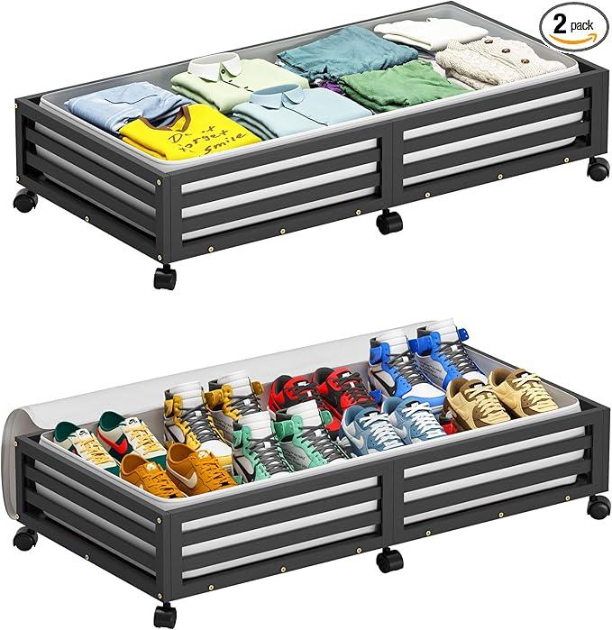 Bamboo Under Bed Storage Containers- Underbed Organizer with Wheels with Large Dust Bag,Sturdy Wood Rolling Under the Bed Shoe Storage Organizer Drawer 2 Packs (Black, Long)