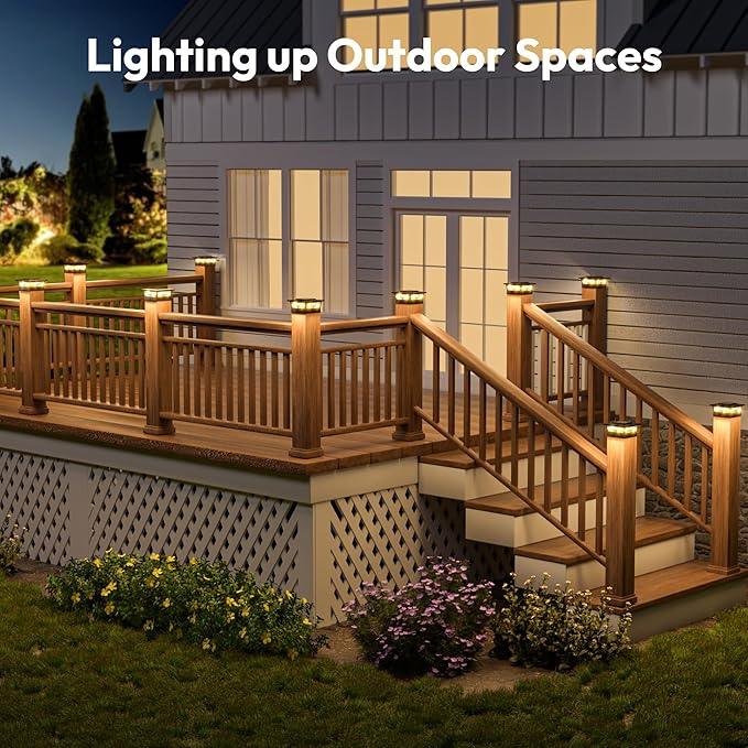 NIORSUN Solar Post Cap Lights Outdoor, 2 Modes LED, Deck Fence Post Solar Lights for 3.5x3.5 4x4 Caps Patio Garden Decoration, Warm White/Cool White Lighting Black 4 Pack
