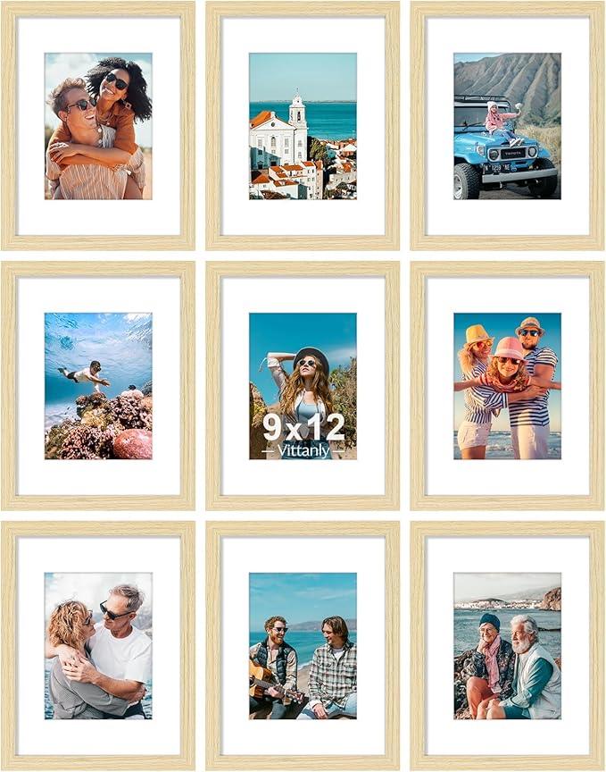 Vittanly 9x12 Picture Frames Set of 9, Shatter Resistant Plexiglass, Display 6x8 Pictures with Mat or 9x12 without Mat, Photo Frames for Wall or Tabletop, Engineered Wood, OAK