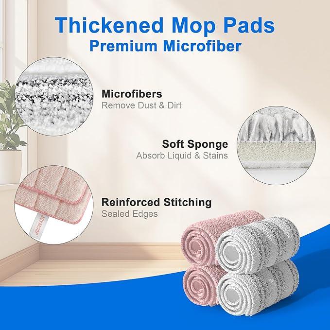 JOYMOOP Mop Replacement Pads, Reusable Microfiber Mop Pads for 13-inch Flat Mop and Mop Bucket Set, Pack of 4 Refills - Stripe and Pink