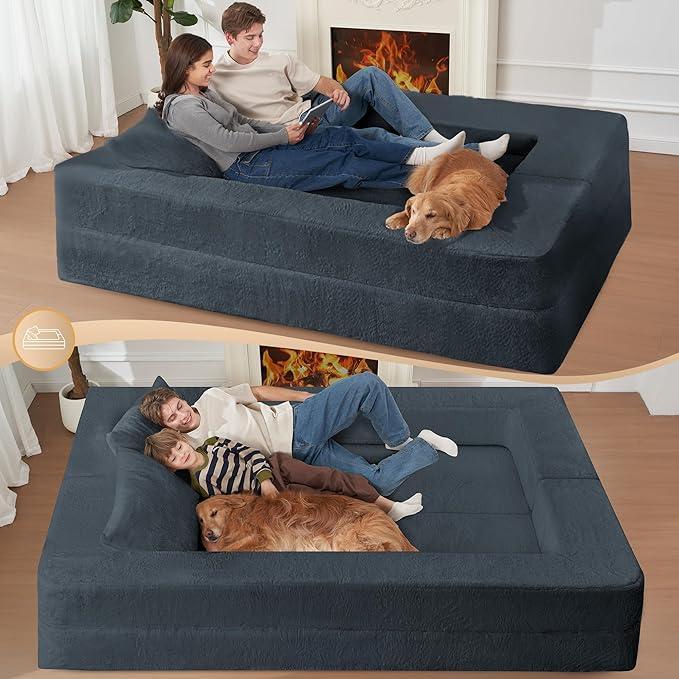 Folding Bean Bag Chair for Adults,3-in-1 Bean Bag Couch Faux Fur Floor Sofa Large Beanbag Convertible Bean Bag Sofa Bed with Pillow in Bedroom,Living Room,Apartment(Queen,Dark Grey)