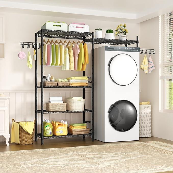 Ulif U5 Over the Washer and Dryer Storage Shelf, Laundry Room Space Saver Bathroom Storage and Organizer Rack for Hanging Towels and Drying Clothes with 5 Wire Shelves, 58.2