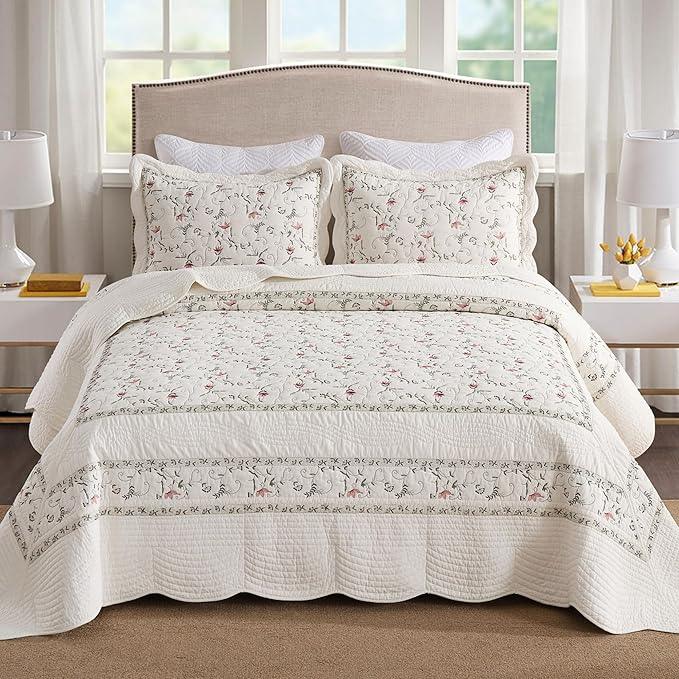 MarCielo 3-Piece 100% Cotton Oversized Bedspread Lightweight Quilt Coverlet Embroidery Farmhouse Bedding Set (TC Soft White,Oversized Queen (100