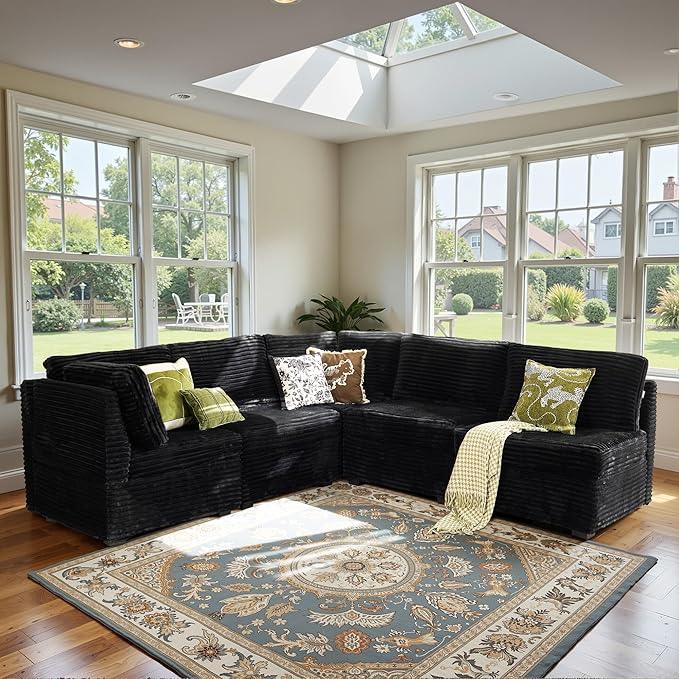 Modular Sectional Sofa with Chaise U Shaped Sectional Couch for Living Room, 5-Seater Comfy Cloud Couches, Plush Corduroy, Black