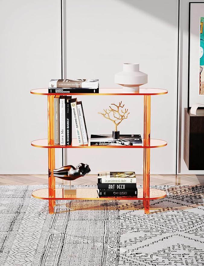 Clear Bookshelf, Acrylic Bookcase with Open Book Shelf for Office Living Room Bedroom (3 Tier Orange)