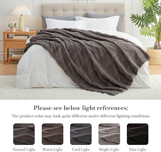 Amélie Home Luxury Striped Faux Fur Throw Blanket for Couch, Embossed Split Fur Cozy Fuzzy Fluffy Luxurious Soft Plush Sofa Chair Bed Gift Blankets for Women Men Wife Friend, 60