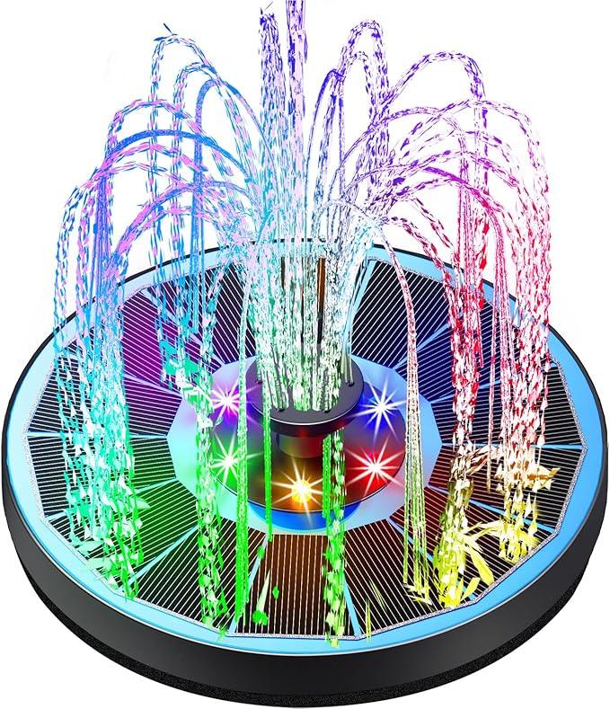 Solar Fountain Glass Panel with 2200 mah Battery, 3.5W Floating Solar Water Fountain with 4 Fixed Rods, Solar Fountain Pump for Bird Bath, Garden, Pond, Pool, Outdoor-Colorful Lights