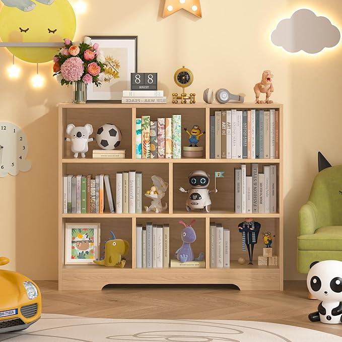 Book Shelf, 8 Cubes Storage Organizer, 3-Tier Open Shelf Wooden Bookcase, Freestanding Log Bookshelf Cube Shelf for Bedroom, Living Room, Home Office