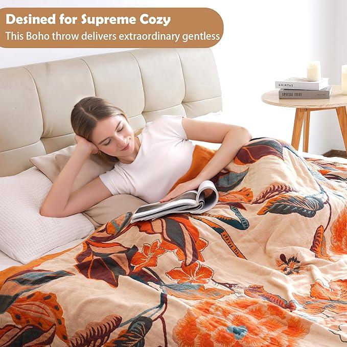 Boho Throw Blanket, 100% Organic Cotton Breathable Soft Lightweight All Season Rustic Bed Throw - Floral Bird Farmhouse Decor Blanket for Sofa Couch Chair Quilt and Gift. 60