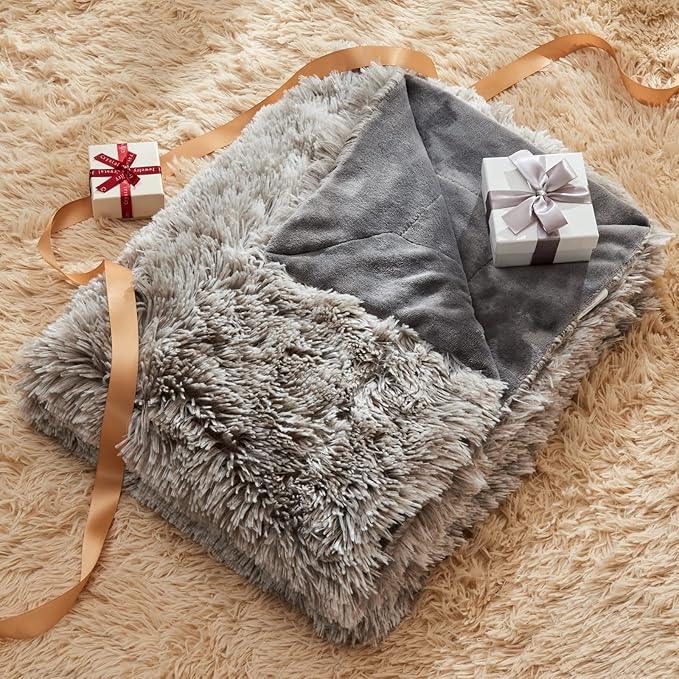 GONAAP Fuzzy Faux Fur Throw Blanket Queen Size Frosty Grey Super Soft Cozy Plush Fuzzy Shaggy Blanket for Couch Sofa Bed (Frosty Grey, Queen(90