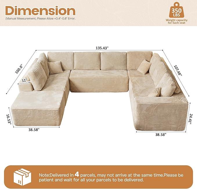 Cloud Sectional Couches for Living Room,U Shaped Modular Sofas No Assembly,135x100 Inches Plush Corduroy Oversized Floor Couch Set with Deep Seat Chaise,Beige