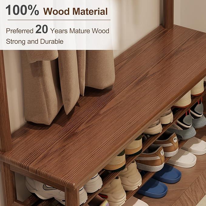 Coat Rack with Shoe Storage, Wooden Hall Tree with Bench, 11 Hooks and 2-Tier Storage Shelves, 3-in-1, Entryway Bench with Coat Rack (39.3