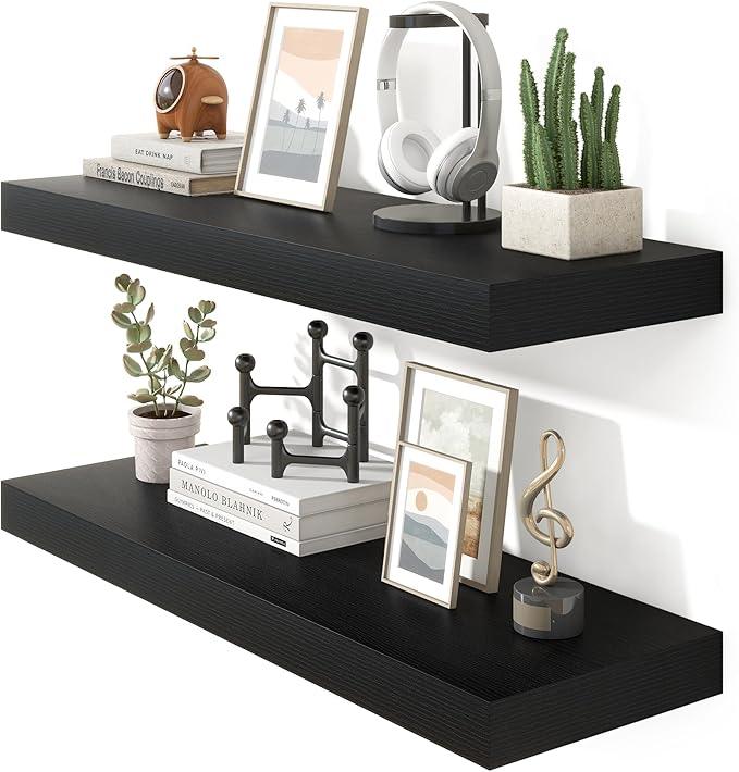 Heimlove 36 Inch Floating Shelves for Wall Set of 2,Black Wall Shelves for Storage & Decor - Heavy Duty with Invisible Brackets,Perfect for Living Room,Bedroom,Home Office