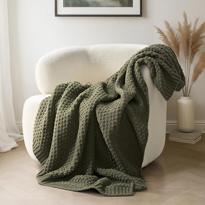 Chunky Chenille Knit Throw Blanket for Couch, Soft Luxurious Moss Stitch Blankets for Bed, Cozy Decorative Farmhouse Knitted Throws for Sofa, Olive Green, 60