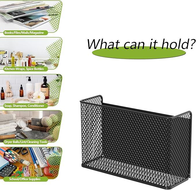 Magnetic Basket Fridge Lint Bin Dryer Ball Holder Laundry Room Organization Home Storage for Class Office School (Mesh，(1-Pack) Black/L)