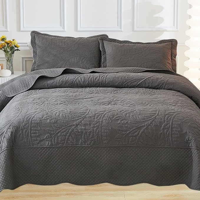 MarCielo 3-Piece 100% Cotton Oversized Bedspread Lightweight Quilt Coverlet Embroidery Farmhouse Bedding Set T0 (Dark Grey, Oversized Queen (100