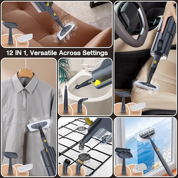 ScrubWiz Steam Mop Cleaner with Detachable Handheld Steamer, 10-in-1 Multi Accessories, Washable Microfiber Pads, 350ml and 2 Adjustable Levels for Cleaning Floor, Carpet, Tiles, and Grout, Gray