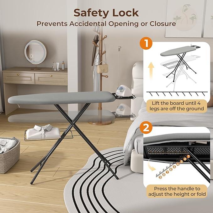 Yaheetech Ironing Board, Compact Iron Board with Cord Holder, Steam Iron Rest and Bottom Storage Tray, 9 Adjustable Heights & 3 Layer Cover, Folding Heavy Duty Ironing Board 52X14, Gray