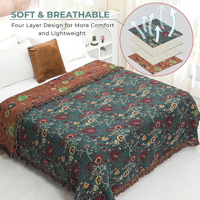 Boho Fall Throw Blanket for Bed，100% Ultra Cotton Soft Breathable Bed Throw Floral Printed Farmhouse Decor Rustic Bed Throws for Couch Sofa Quilt 80