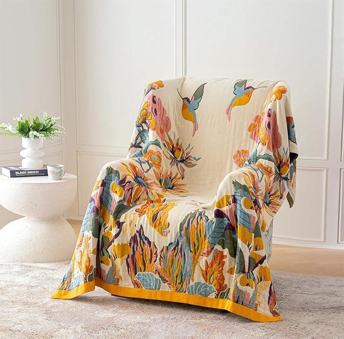 MSGKV Boho Throw Blanket for Couch and Sofa Cotton Cover for Living Room Floral Throw Cozy Blankets (D-Flower and Butterfly, 50