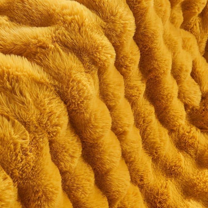 Lotus Karen Faux Fur Throw Blanket Ginger Yellow - Big Bubble Rabbit Fluff Blanket for Couch Bed Sofa,Softest Fluffy Fuzzy Cozy Blanket,Thick Furry Plush Shaggy Warm Blankets for Women,50x60 Inches