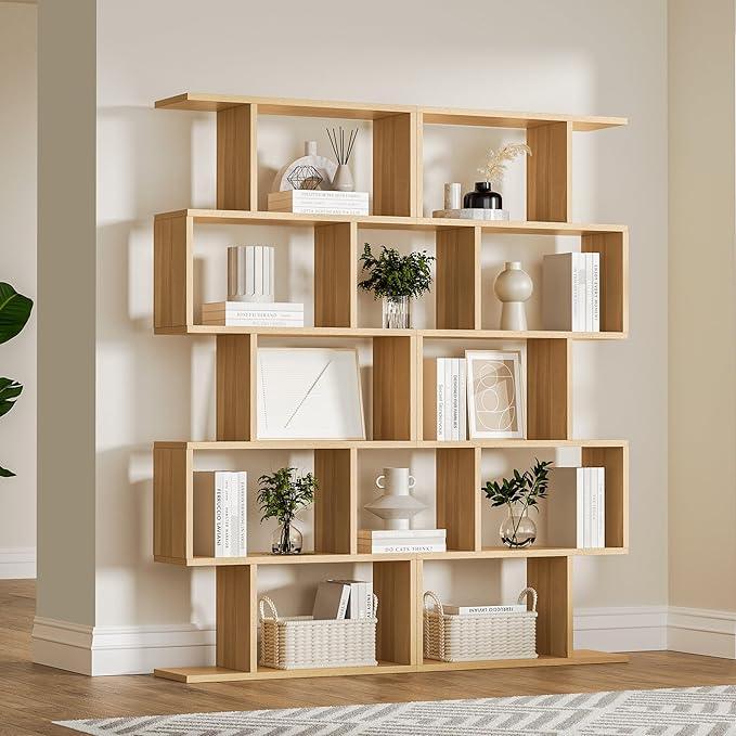 Oak 5-Tier Geometric Bookcase, S-Shaped Modern Bookshelf Set of 2, 62.6