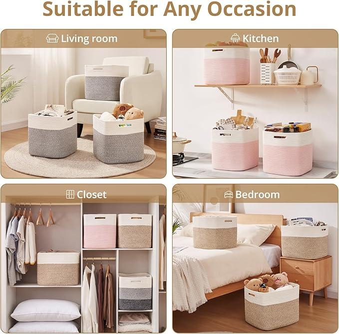 OIAHOMY 13 Kallax Inch Cube Storage Bins, 3-Pack Cotton Rope Woven Baskets for Organizing, Kallax Insert Storage Baskets for Shelves, Baby Nursery, Closet Organizer, 13*13*12.6IN, Gradient Gray