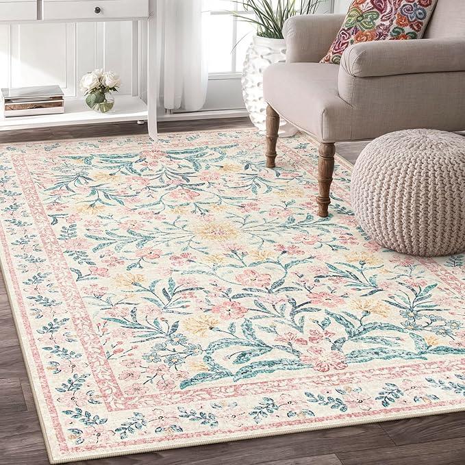 Wonnitar Machine Washable 5x7 Nursery Rug, Pink Rugs for Bedroom Girls, Boho Soft Floral Carpet Non Slip, Indoor Ultra-Thin Floor Carpet for Kid Room Living Room Dorm