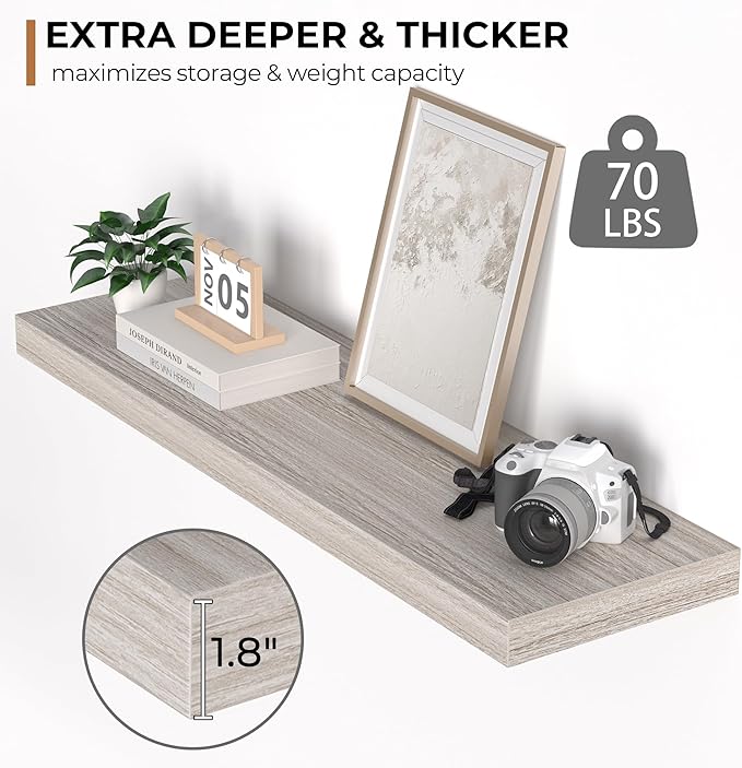 Floating Shelves - 10.3 Inch Deep Wall Shelf for Decor & Storage - Wall Mounted Display Shelving with Invisible Heavy-Duty Metal Bracket - 36