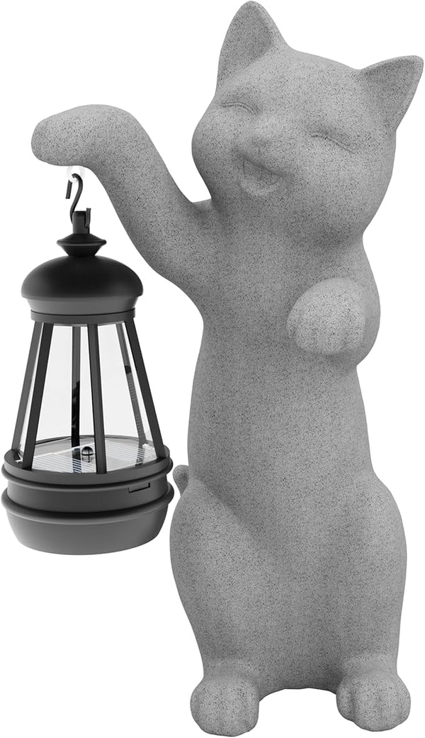 Solar Powered Garden Resin Statue Lights, 10 Inch Waterproof Outdoor Animal Cute Cat Figurine Lights, Suitable for Patios, Balconies, Lawns, Courtyards, Etc.(Hand)