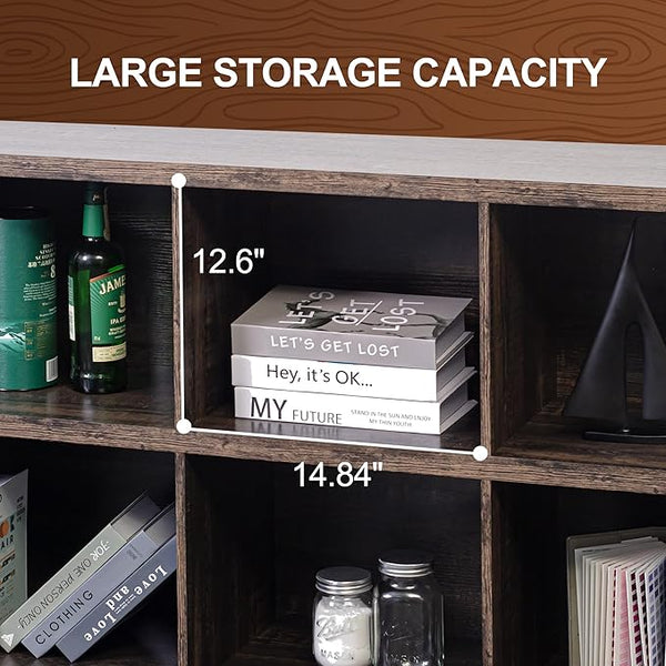 8 Cube Storage Organizer Bookshelf, Industrial Horizontal Bookcase, Accent Cubby Shelf, Media Console Table for Living Room, Home Office, 63 Inches, Dark Grey Oak