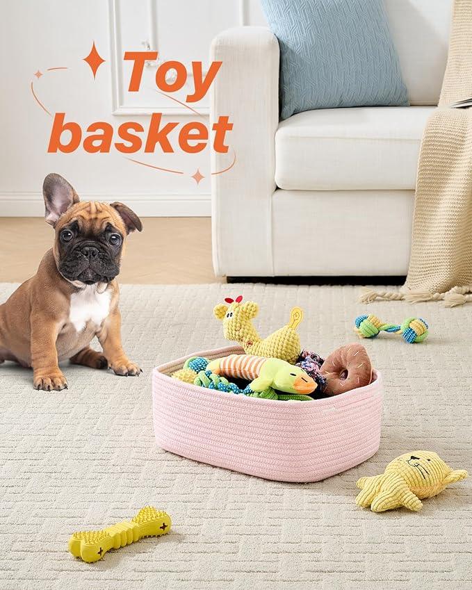 KALLAX Small Woven Basket, 13.5 x 9.5 x 5 Inches, Storage Basket for Organizing, Cute Small Rope Shelf Closet Cube Storage Bins Baskets for Shelves, Dog Toy Gift Baskets Empty, 3 Pack Light Pink
